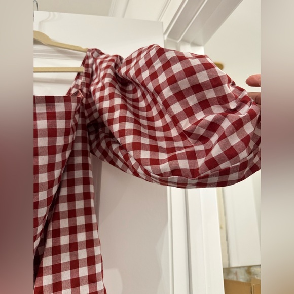 Red Gingham Puff Sleeve Off the Shoulder Dress - Picture 2 of 3